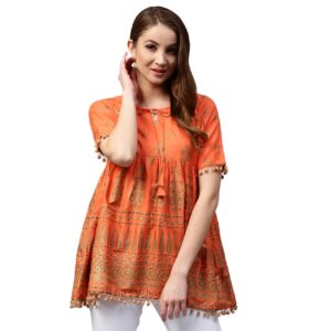 Tunika bluzka pomarańczowa -wzory, bawełna Indie S025